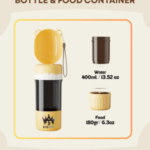 Portable Pet Water Bottle & Food Container – 400ml (13.5 oz) Water + 180gr (6.3 oz) Food Capacity (Yellow)