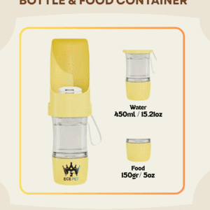 Portable Dog Water Bottle with Food Container – 450ml (15.2oz) Water + 150g (5oz) Food Capacity – Leakproof & One-Button Lock (Yellow)
